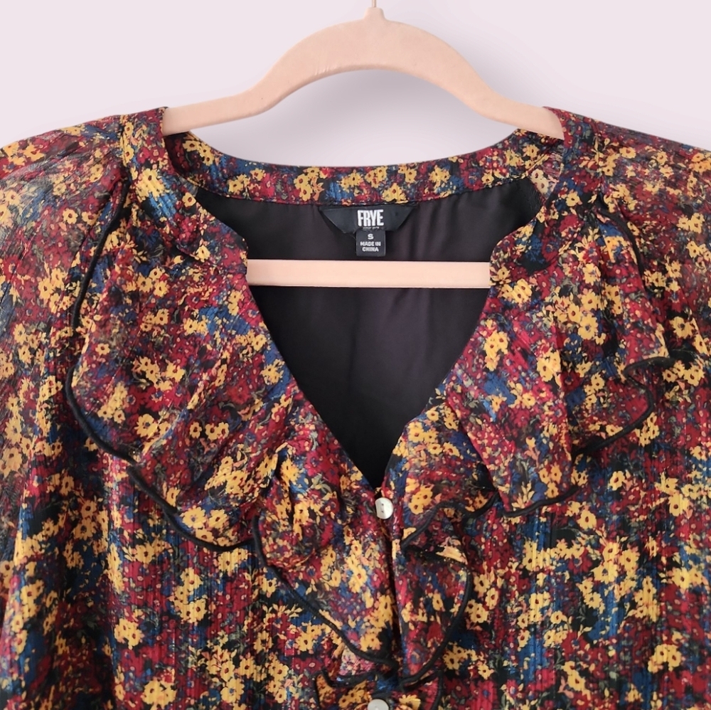 FRYE | EUC Boho Ruffle Floral Long Balloon Sleeve‎ Button Down Shirt Size S - Picture 2 of 6